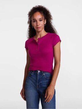 Scenario Women's Ribbed Short Sleeve Henley Top NWT berry bright